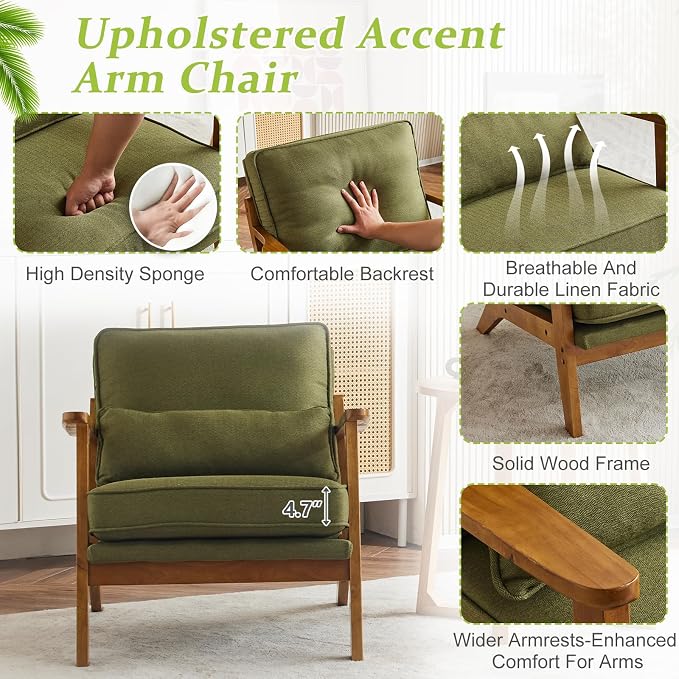 VINGLI Solid Wood Wide Armrests Accent Chair Set of 2, Upholstered Mid Century - Image 5