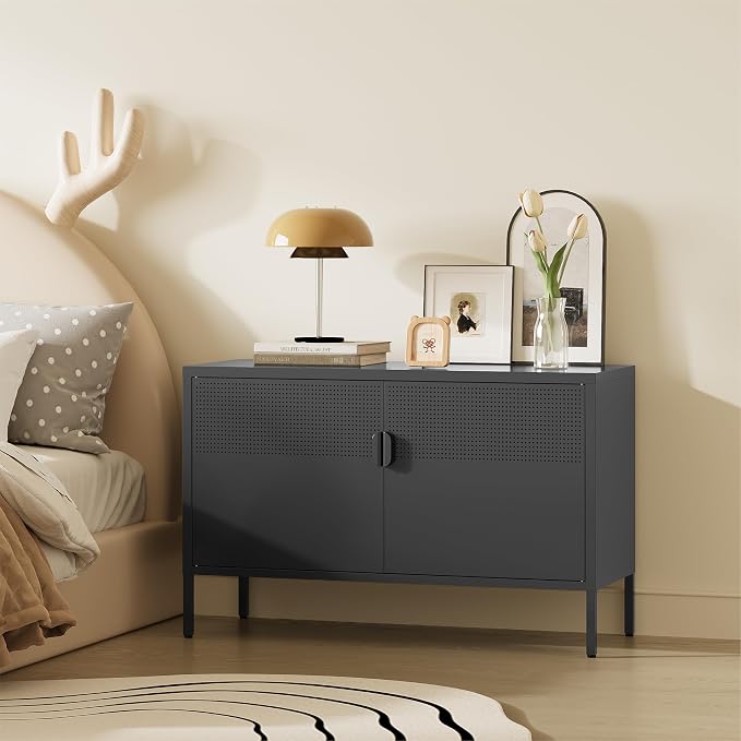 Metal Storage Cabinet, 2 Door TV Stand, Metal Mesh Accent Cabinet, Magnetic - Image 6