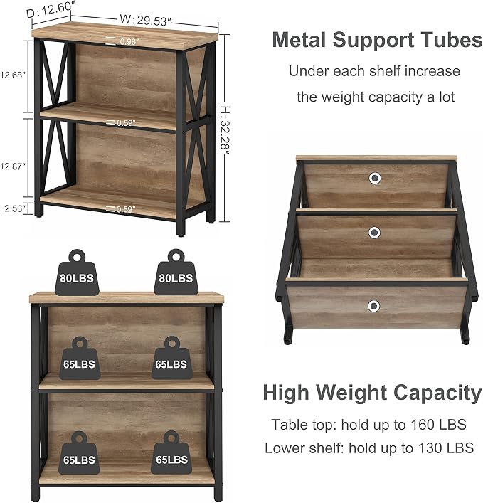FATORRI Small Bookcase, Wood and Metal Low Short Bookshelf, Industrial Book - Image 2