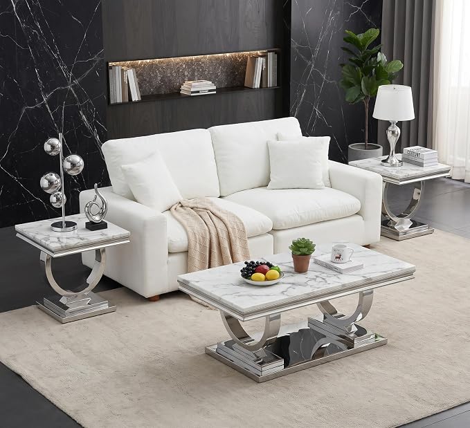 Henf 47" Marble Coffee Table Modern White Faux Marble Center Table - Image 5