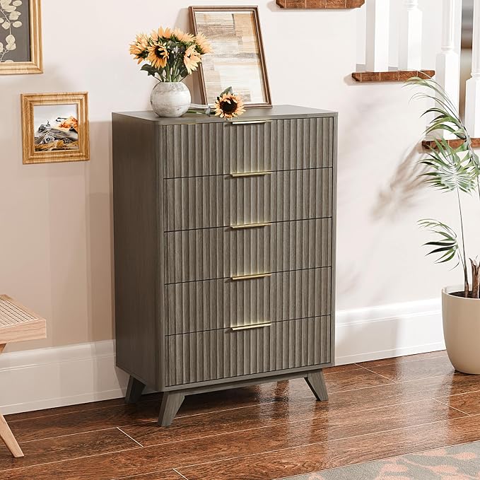 VINGLI Fluted Tall Dresser 5 Drawer Grey Chest of Drawers, Wood Dresser - Image 9
