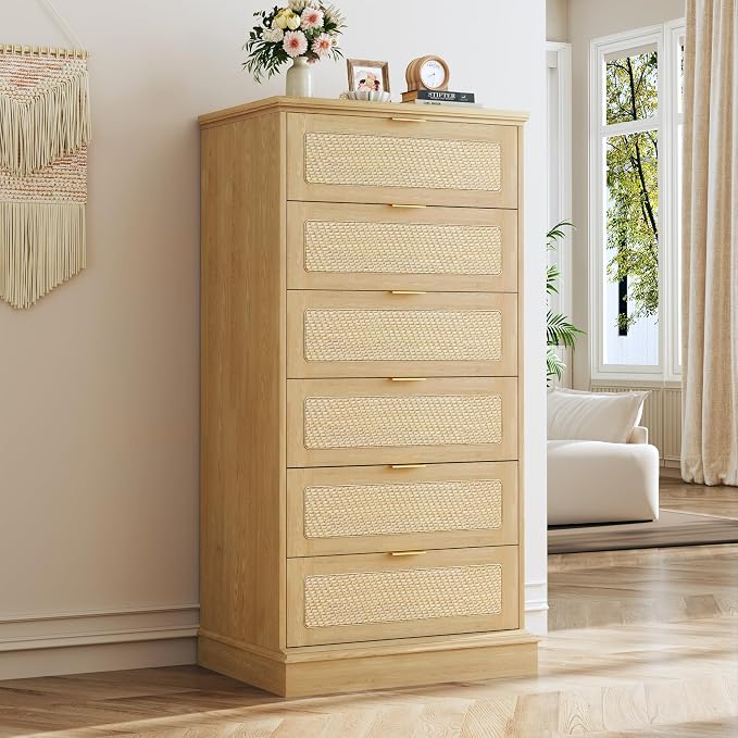 HUAHUU 6 Drawer Dresser for Bedroom, 50 Inch Tall Dressers & Rattan Chest of by HUAHUU