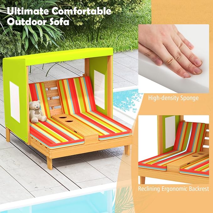 HONEY JOY Kids Chaise Lounge Chair Outdoor, Toddler Wood Double Pool Lounger - Image 4