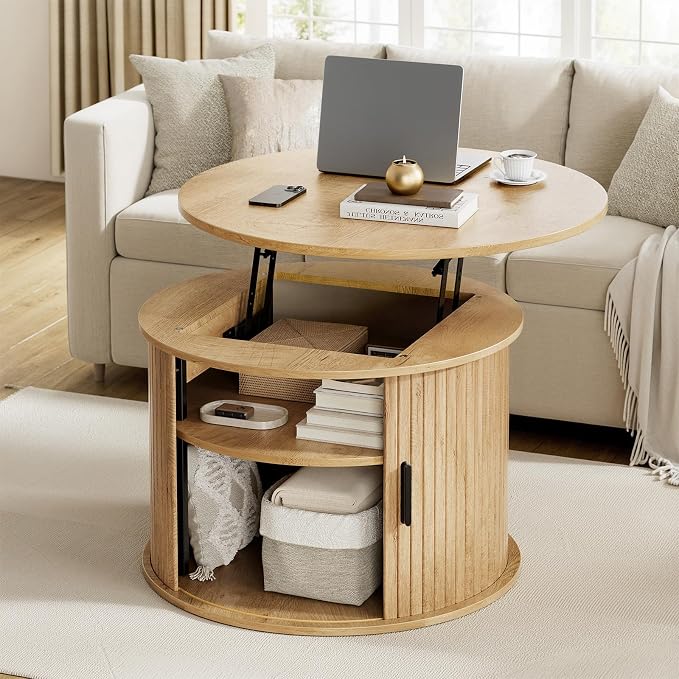 FABATO Round Lift Top Coffee Table, Fluted Wood Accent Coffee Table by FABATO