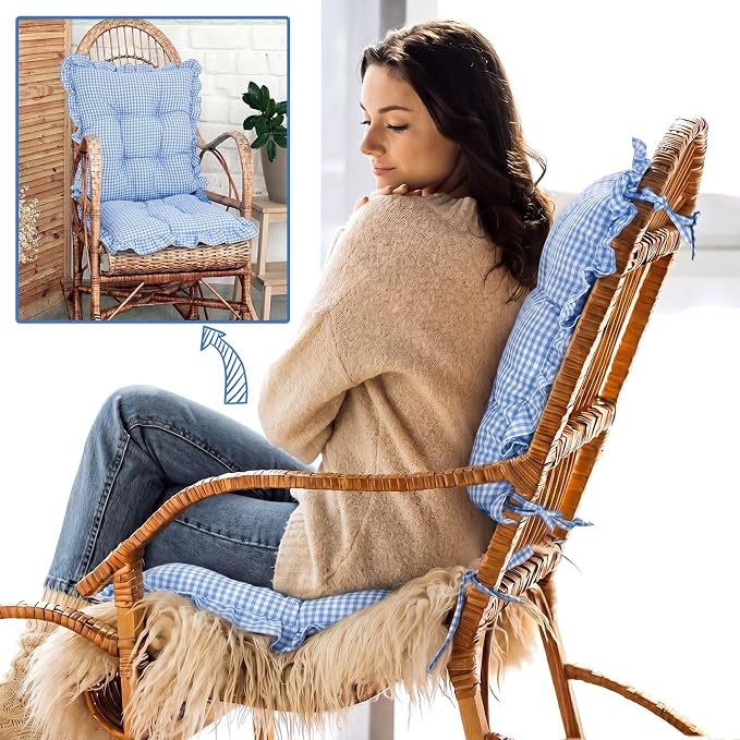 Lewtemi 2 Set Blue Gingham Rocking Chair Cushion Village Ruffled Rocking Chair - Image 7