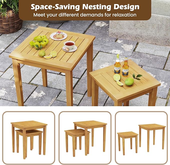 Tangkula 2 Pieces Patio Nesting Table, Teak Wood Outdoor Space Saving Design - Image 7