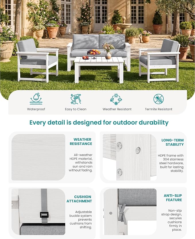 SERWALL 2 Pieces Single Cushioned Lounge Chair, HDPE Outdoor Adirondack Sofa - Image 4