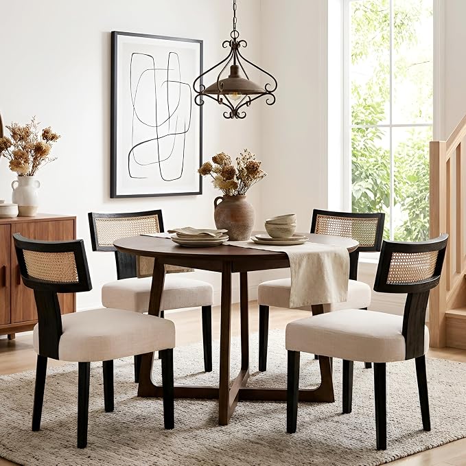 HNY Mid Century Modern Rattan Dining Chairs Set of 2, Farmhouse Linen - Image 8