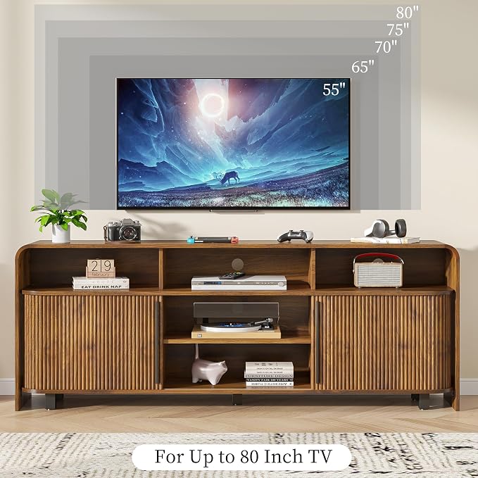 Fluted TV Stand for 75 65 80 Inch TV, 70 Inch Long Walnut Entertainment Center - Image 5
