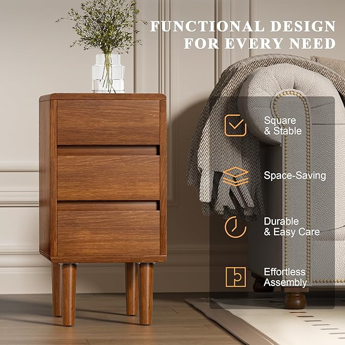 Nightstand with 3 Drawers Narrow Night Stand Solid Wood Bedside Table Mid - Image 5