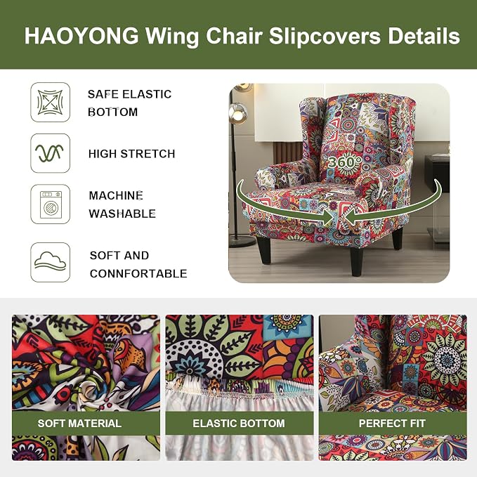 HAOYONG Wing Chair Slipcovers Elastic Boho Printed Wingback Chair Covers 2 - Image 4