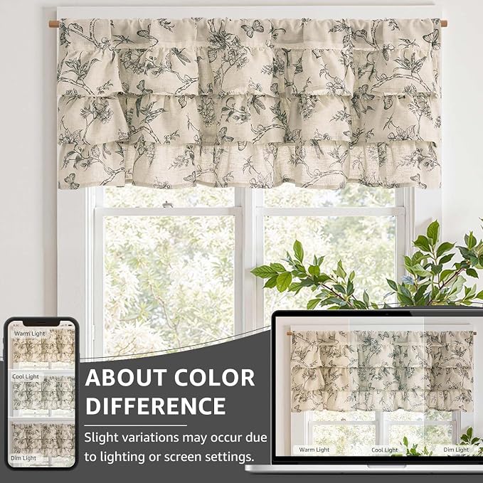 jinchan Ruffled Valance Curtain Linen Floral Kitchen Valance 18 Inch Shabby - Image 8