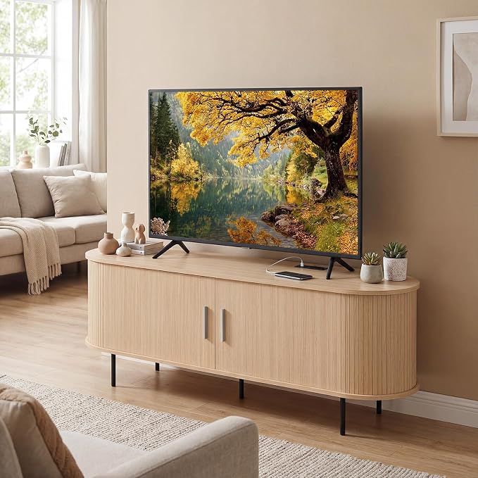 Tangkula Fluted TV Stand for TVs up to 60”, Mid Century Curved Entertainment - Image 3