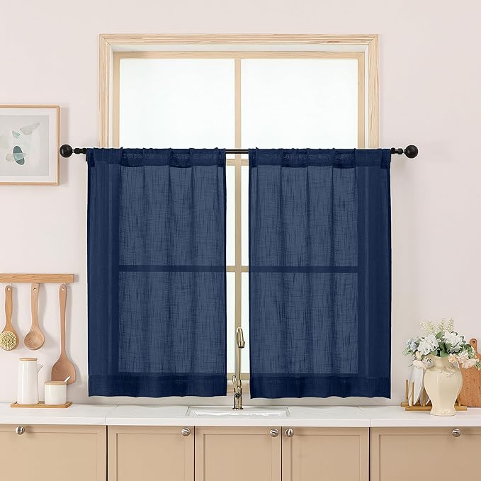 Chyhomenyc Navy Blue Semi Sheer Curtains 36 Inch Length, Light Filtering Faux by Chyhomenyc