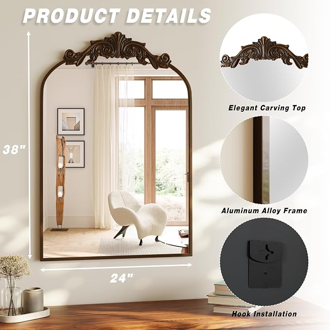 VooBang Vintage Arched Bathroom Mirror, 24x36 Inch Retro Wall Mounted Vanity - Image 4