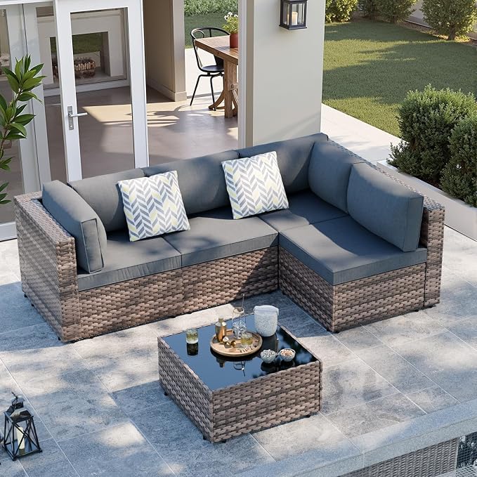 SUNLEI 5 Piece Patio Furniture Sets, Low Back All-Weather Rattan Sectional Sofa by SUNLEI