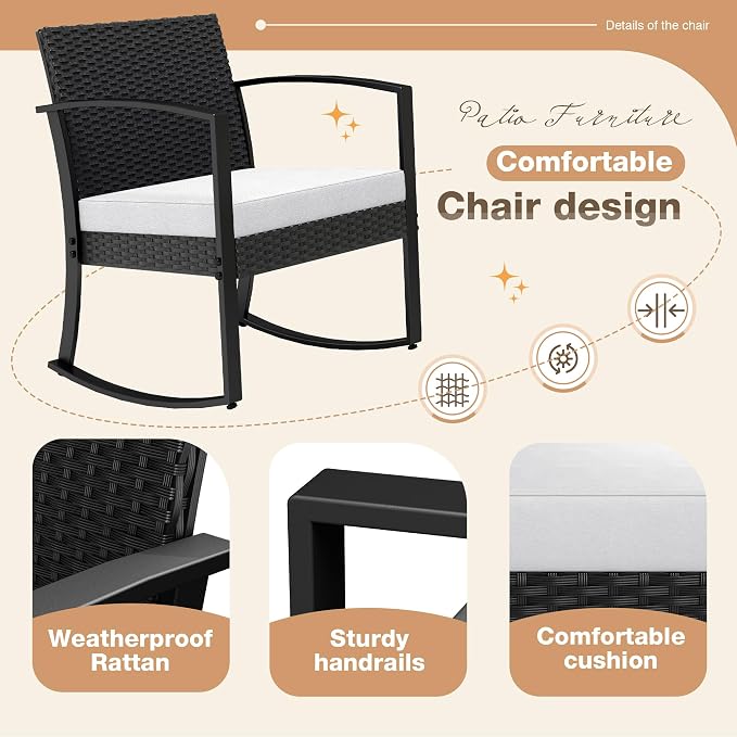 Greesum 3 Pieces Outdoor Furniture Set Patio Bistro Rocking Chairs - Image 3