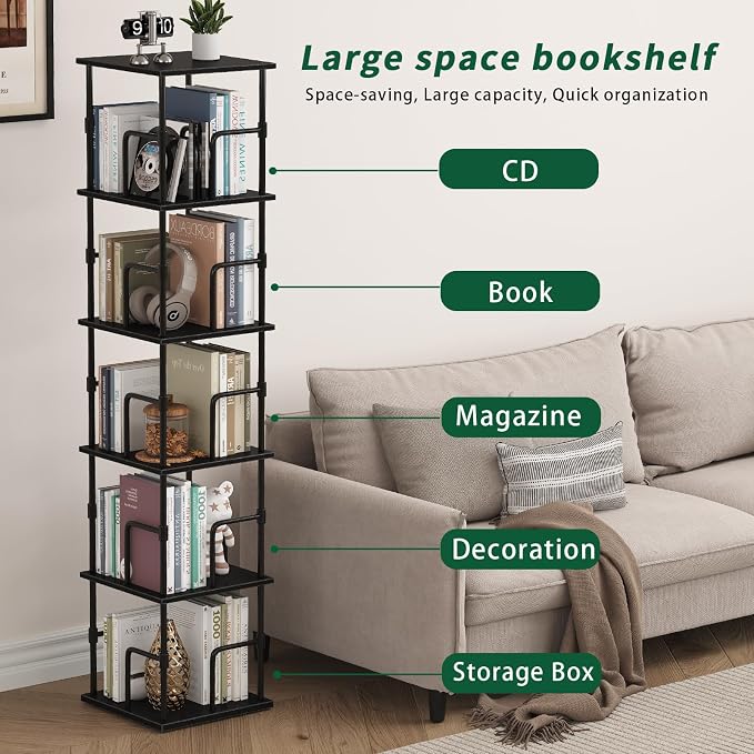 5-Tier Rotating Bookshelf, Freestanding Corner Bookshelf Industrial Style - Image 6