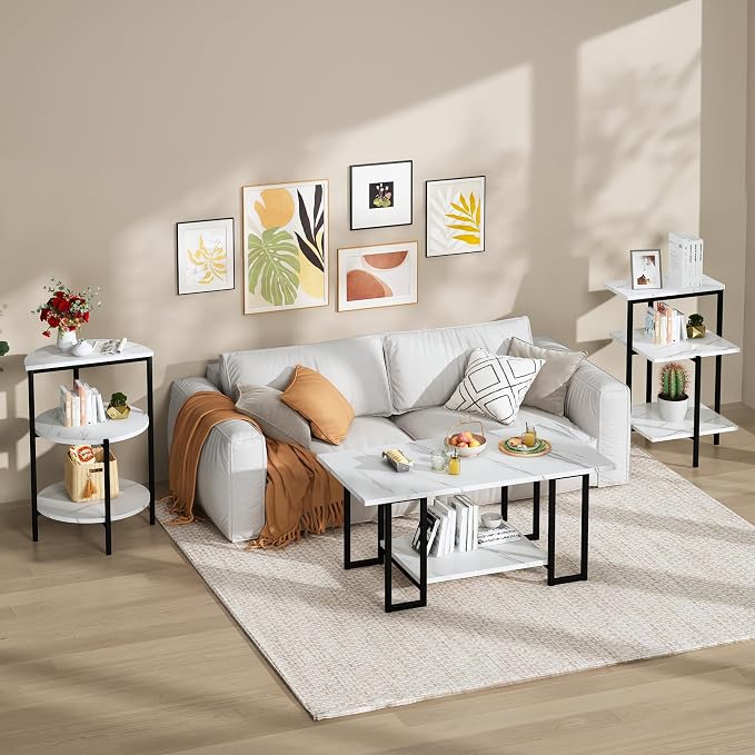 AWQM Faux Marble Table Set, Coffee Table & 2 Side Table, Faux Marble Tabletop - Image 8