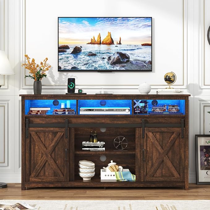 LED Farmhouse TV Stand for 65 inch TVs, Rustic Entertainment Center TV Cabinet - Image 2