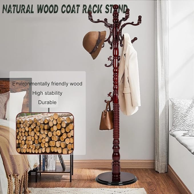 73" Wooden Coat Rack Stand, Coat Racks Freestanding - Image 3