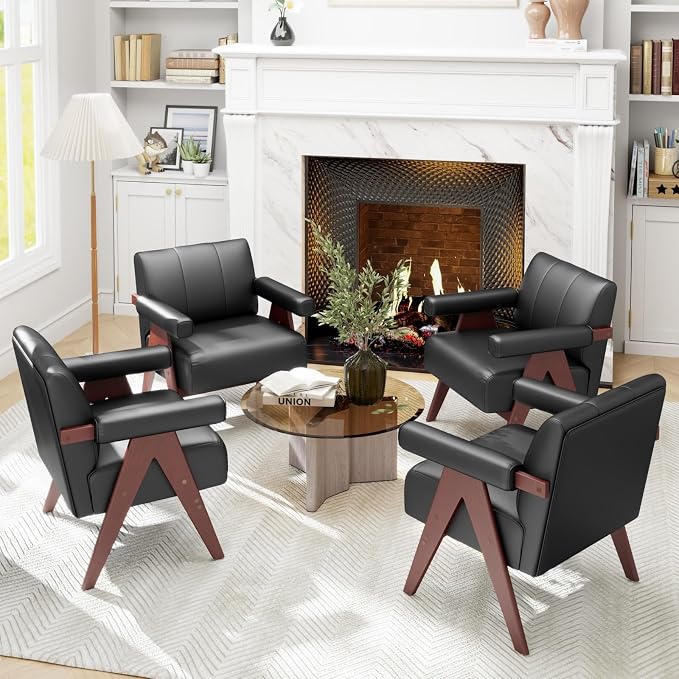 STHOUYN Black Leather Accent Chairs Set of 2, Mid Century Modern Accent Chair - Image 8
