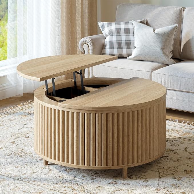 Evermagin 31.5'' Round Coffee Table, Fluted Lift Top Oak Coffee Table - Image 6