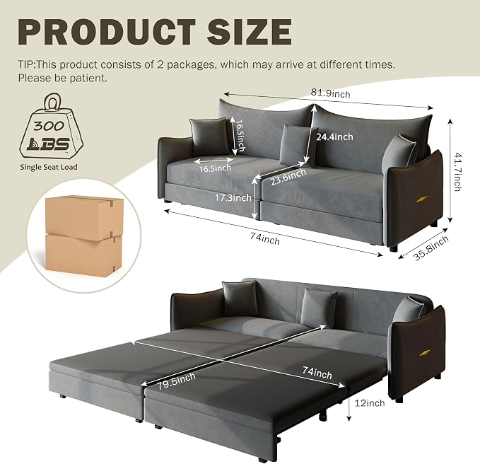 KEIKI 81.9" 3-in-1 Convertible Sofa Bed, Modern Velvet Sleeper Couch - Image 2