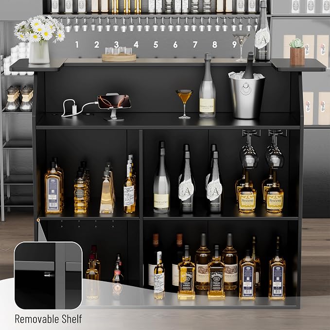 L-Shaped Home Bar Unit with Power Outlet, 4-Tier Corner Liquor Bar Cabinet with - Image 4