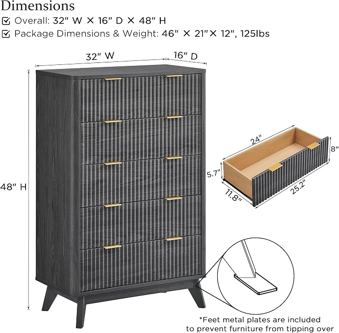 T4TREAM Fluted 5 Drawers Dresser, Curved Profile Design, Wood Drawer Organizer - Image 2