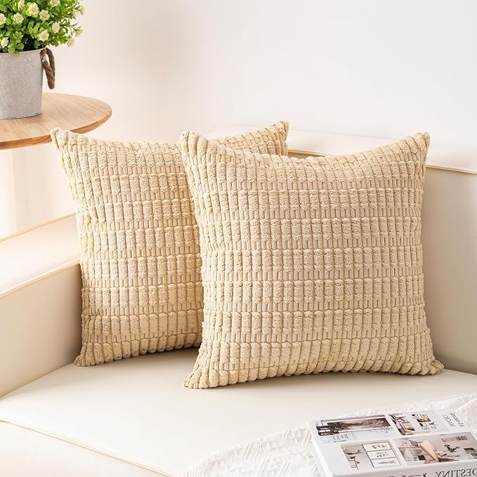 Pack of 2 Corduroy Decorative Throw Pillow Covers 20x20 InchSoft Boho Striped by Unknown