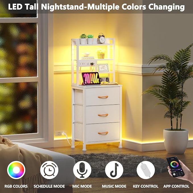 Furnulem Tall Nightstand with LED Lights and 3 Tier Shelves, Night Stand with 3 - Image 4