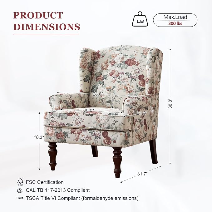 HUIMO Printed Wingback Accent Chair, Linen Upholstered High Back Armchair - Image 2