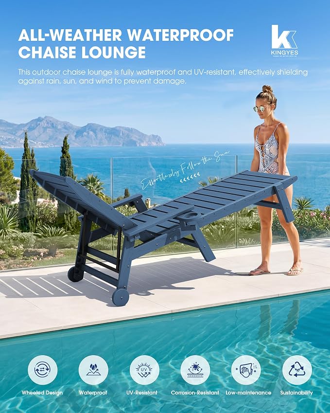 KINGYES HDPE Lounge Chair Outdoor, Patio Chaise Lounge Recliner - Image 6