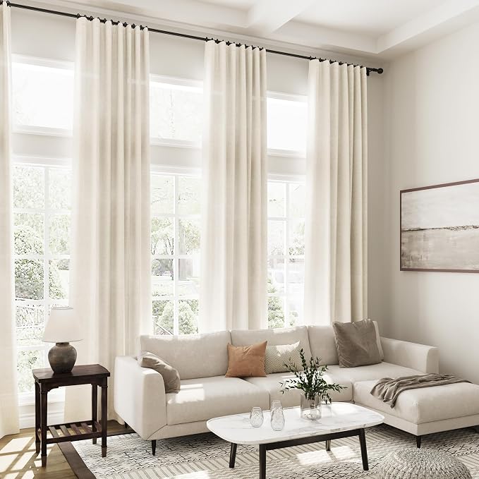Nanspring Warm Beige Linen Curtains Semi Sheer 96 Inches Long 2 Panels Set - Image 6