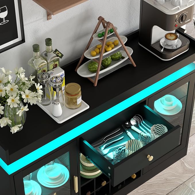 Wine Bar Cabinet with LED Light, Home Coffee Bar Cabinet with Wine and Glass - Image 5