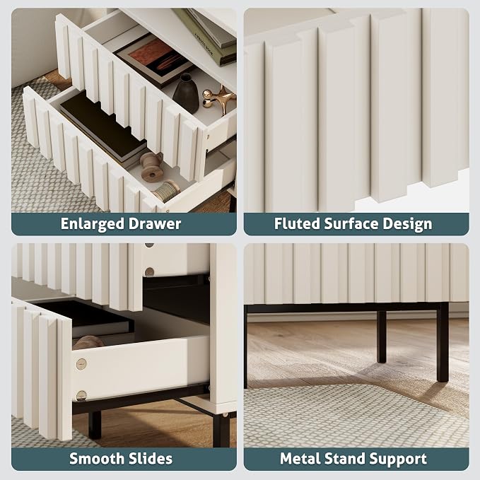 UEV Beige Fluted Nightstand Set of 2, Modern Nightstand - Image 5