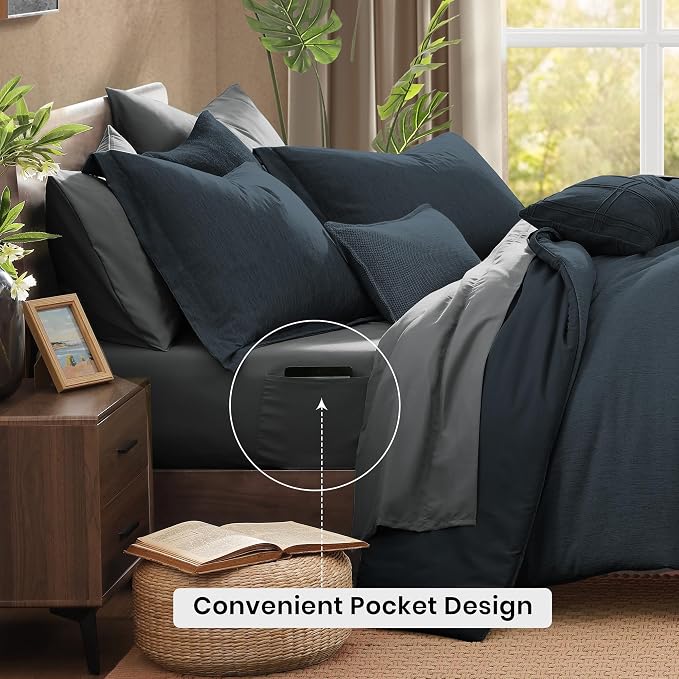 Monbix Twin XL Comforter Set Navy Blue, Cationic Dyeing Bedding Set Reversible - Image 4