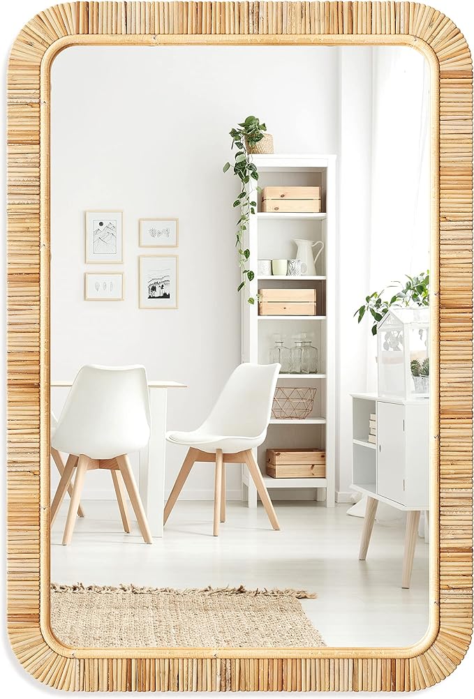 Barnyard Designs Rectangular Rattan Wall Mirror, Natural Tan Woven Rattan Frame by BarnyardDesigns