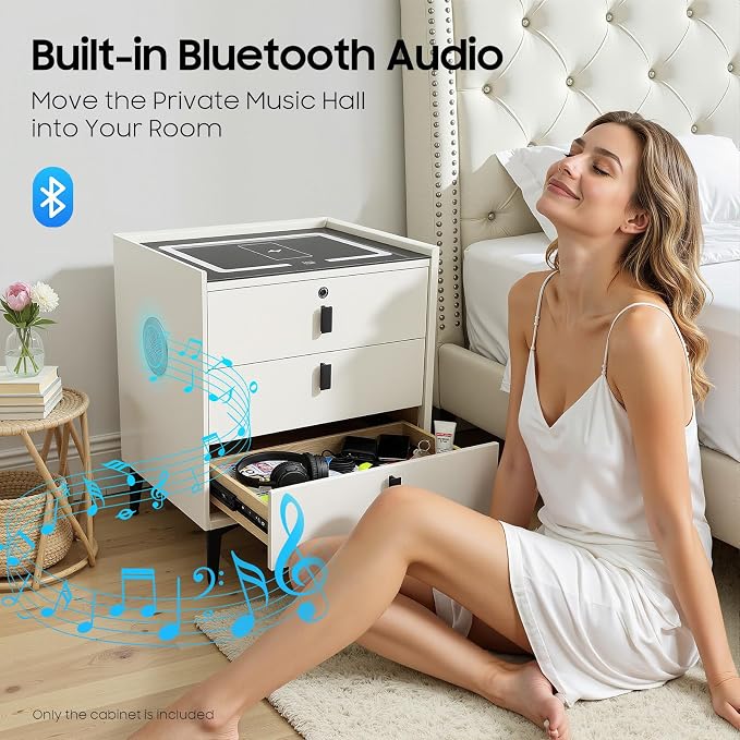 Smart Nightstand with Wireless Charging & Fingerprint Lock, 3-Drawer Bluetooth - Image 6
