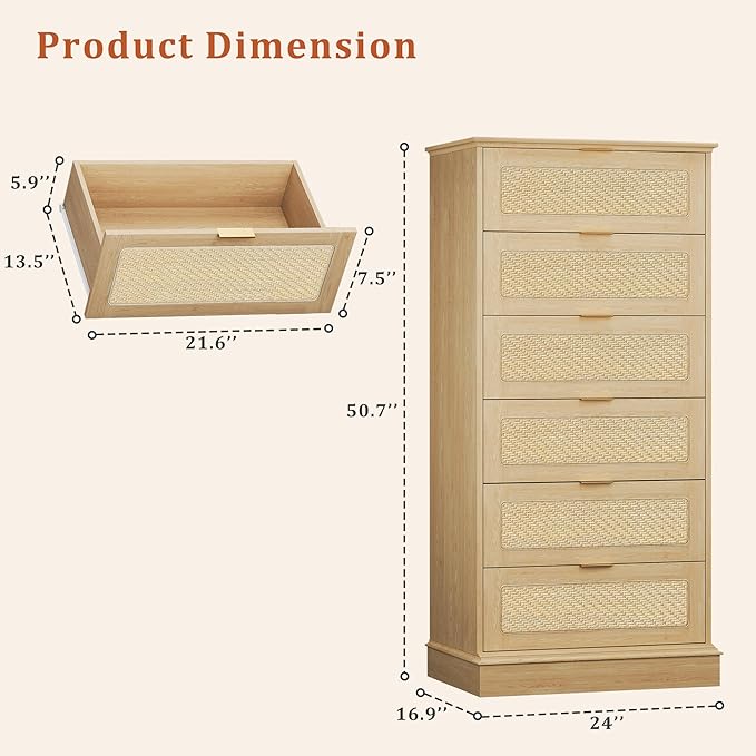HUAHUU 6 Drawer Dresser for Bedroom, 50 Inch Tall Dressers & Rattan Chest of - Image 2