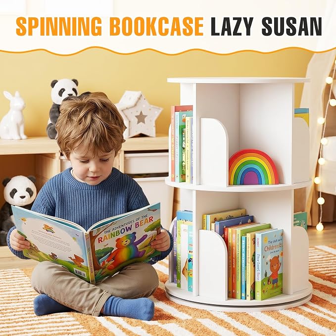 RUNSUNSPRI 2 Tier Rotating Bookshelf Tower Spinning Bookshelf Revolving - Image 3