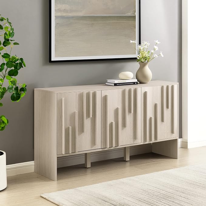 Walker Edison Contemporary Detailed 3-Door Sideboard 55 Inch Ivory Oak - Image 2