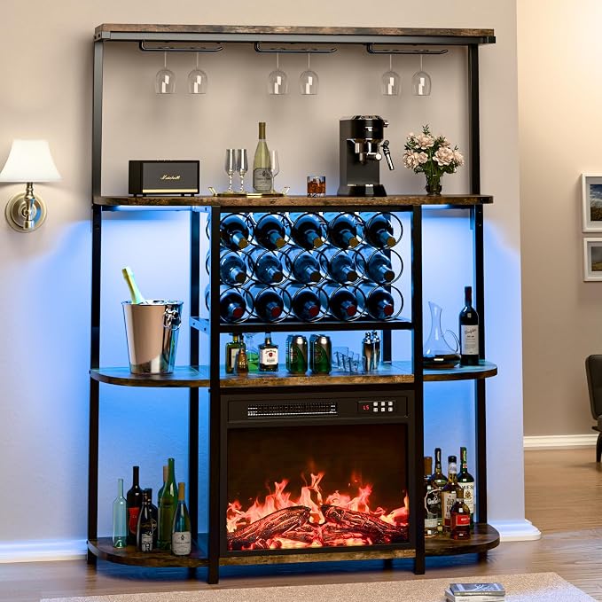 PUKAMI Bar Cabinet with Fireplace, Home Mini Bar Cabinet with Power Outlet and by PUKAMI