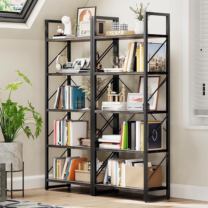 DWVO 5 Tier Bookshelf 2 Pack, Industrial Bookshelves Open Shelf Bookcase - Image 6
