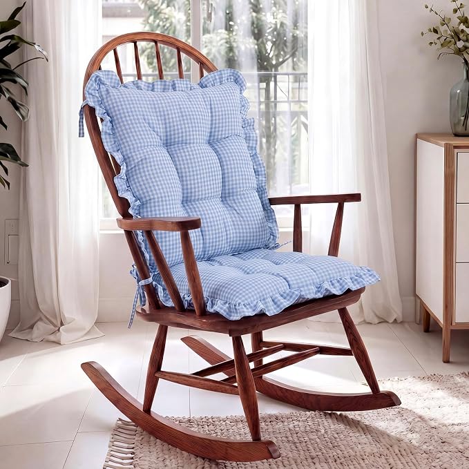 Lewtemi 2 Set Blue Gingham Rocking Chair Cushion Village Ruffled Rocking Chair - Image 3