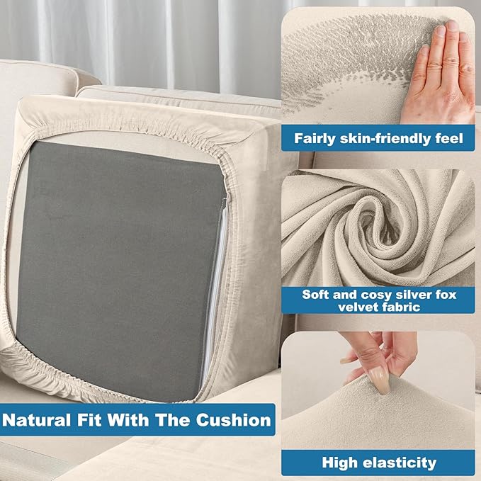 Couch Cover 3-Piece Elastic Velvet Couch Cushion Covers & Chaise Slipcovers - Image 4