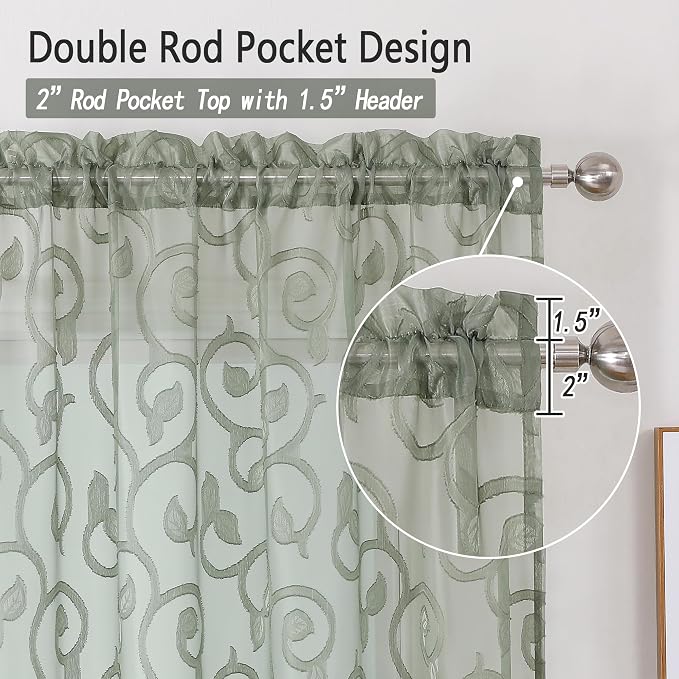 OWENIE Sage Green Sheer Curtains 63 inch Length - Image 5