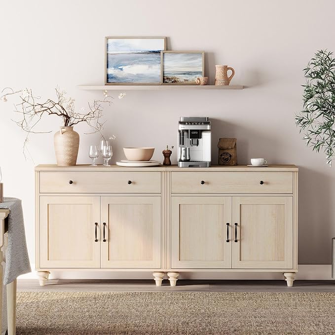 WAMPAT Buffet Cabinet with 4 Doors and 2 Drawers, Large Coffee Bar Table Wood by WAMPAT