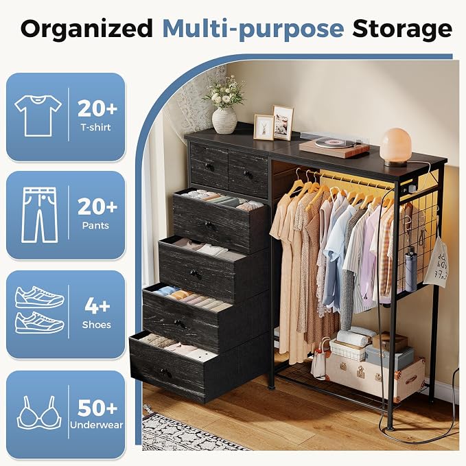 DUMOS Dresser for Bedroom with Hanging Rack, 6 Drawer Fabric Dresser with - Image 5